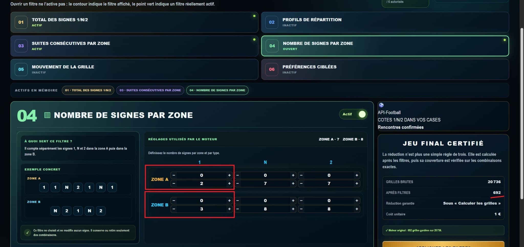 GoalMatrix — Número de signos por zona